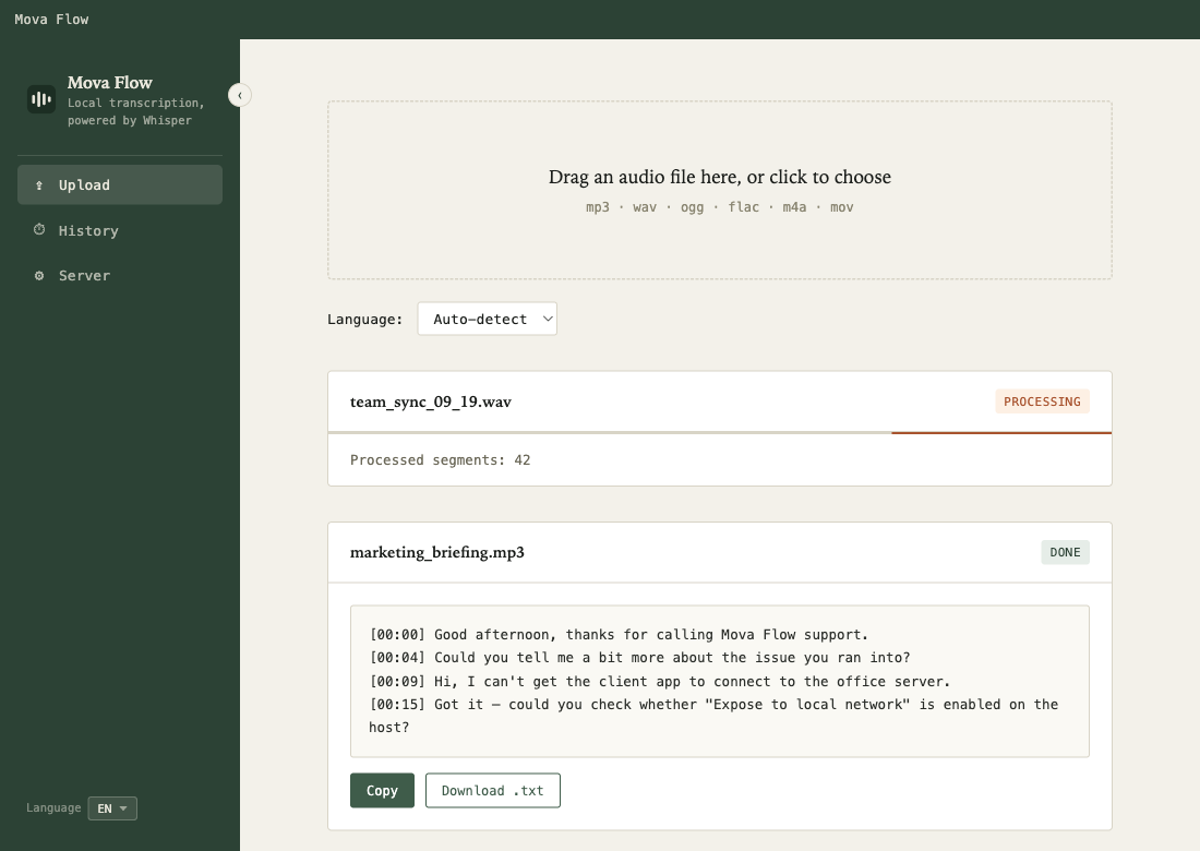 Mova Flow's Upload tab, showing a processing job and a finished transcript with timestamps