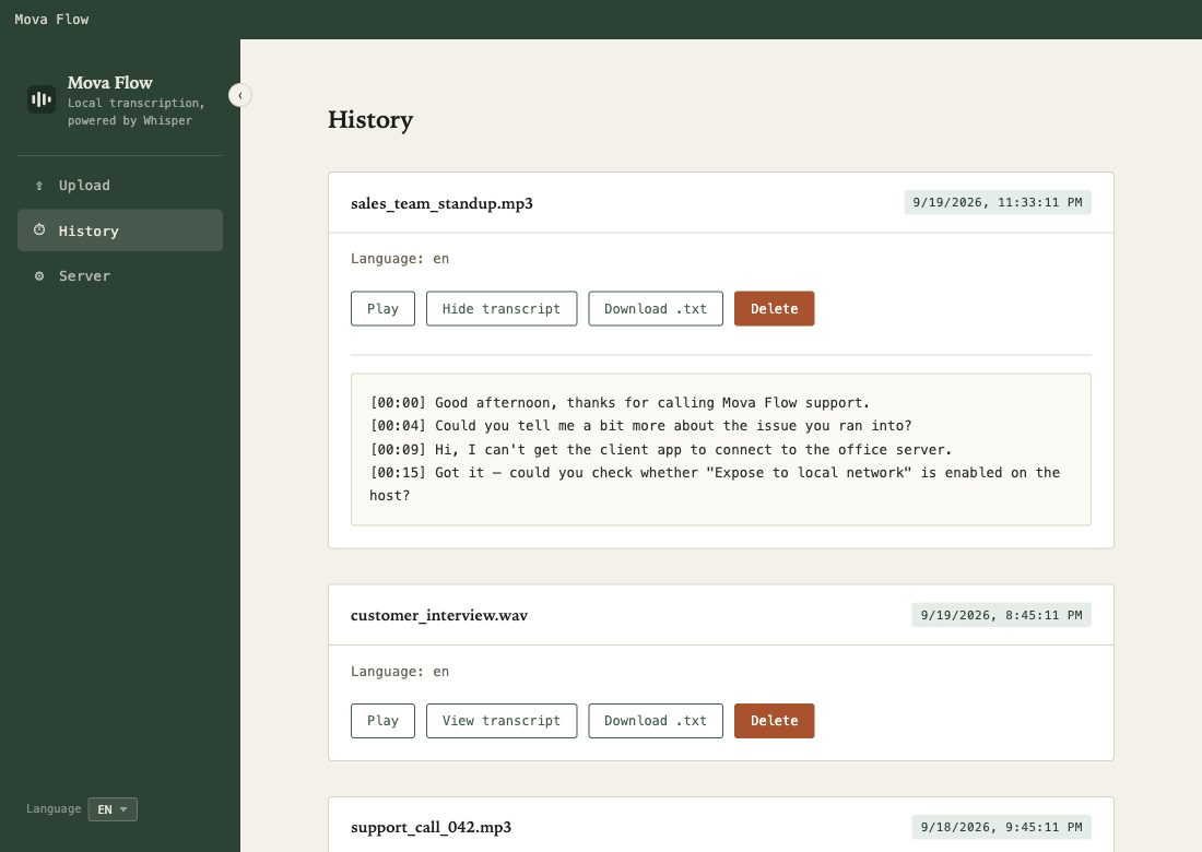 History tab listing past transcriptions with playback and download