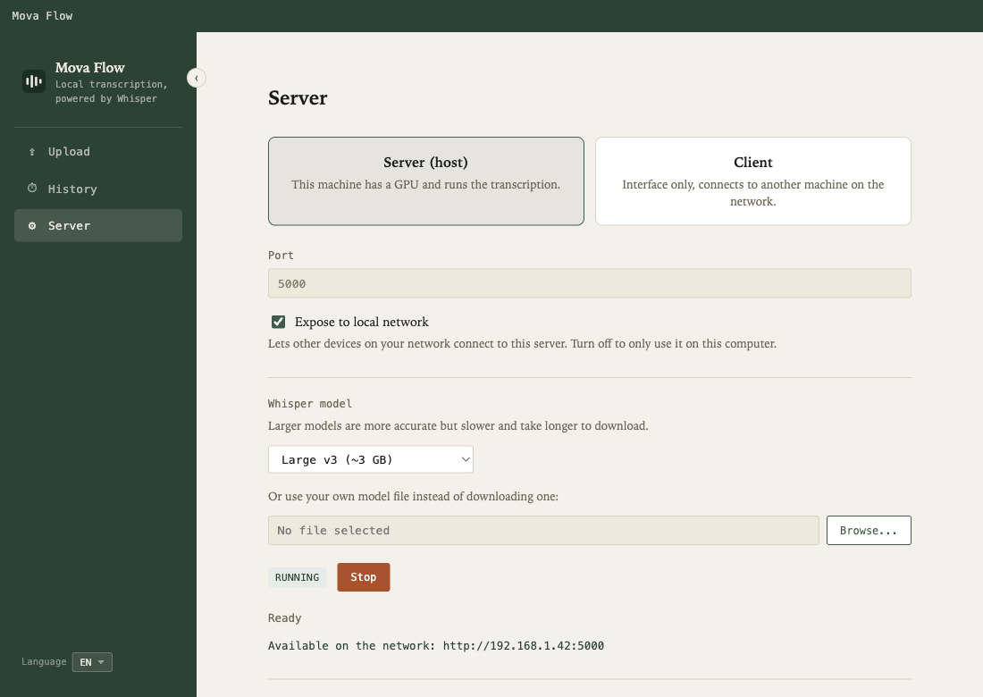 Server tab in host role, showing model selection and the access secret